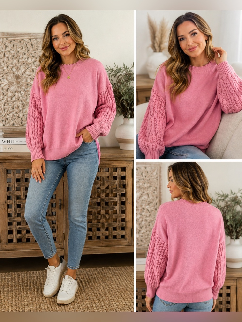&merci Pink Cable-Sleeve Women's Sweater